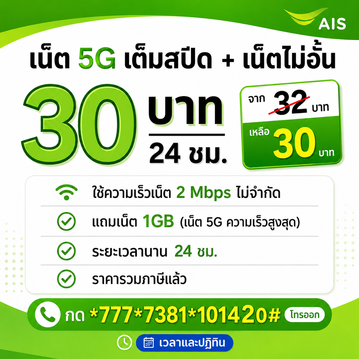 สมัครเน็ต AIS 32 บาท ไม่ลดสปีด เน็ต AIS รายวัน 32 บาท ราคาใหม่ 30 บาท